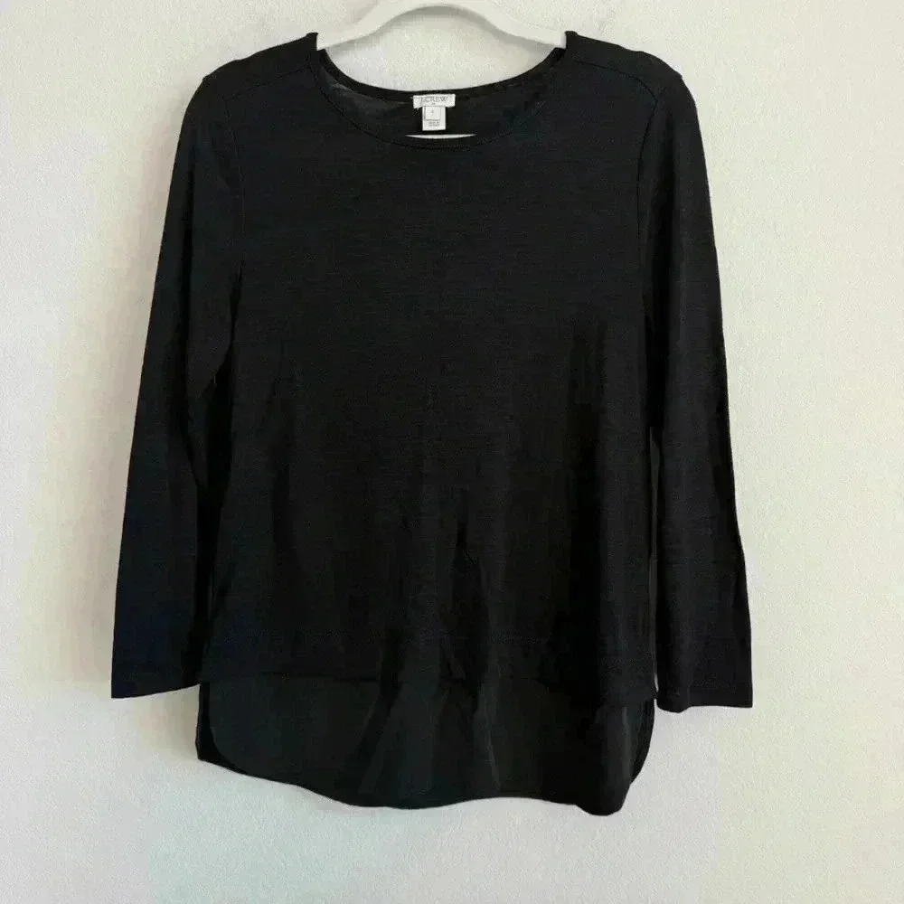 J.Crew‎ Long Sleeve Top With Silky Hem Women’s Small Black Faux Layered